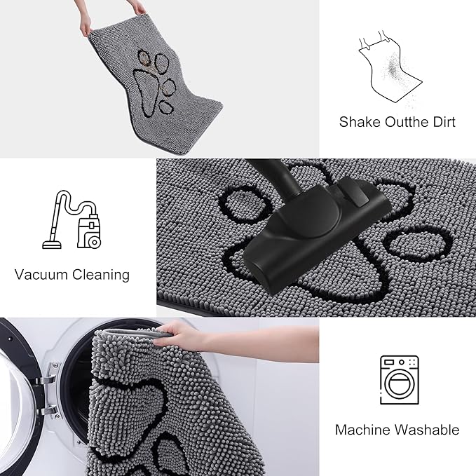 Smiry Dog Door Mat for Muddy Paws, Absorbent Dirt Trapper Non Slip Quick Dry Washable Chenille Mat for Mud Dogs, Entry Rug for Indoor and Outdoor (59x35 Inches, Dark Grey and Black)