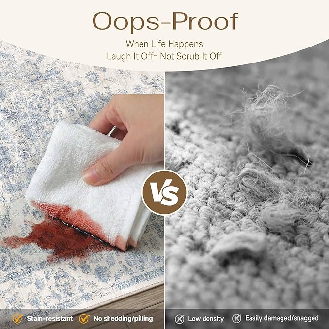 2x8 Washable Neutral Runner Rug Blue Vintage Hallway Kitchen Carpet Non-Slip Soft Low Pile Farmhouse Throw Rug for Bedroom Bathroom Laundry Living Room