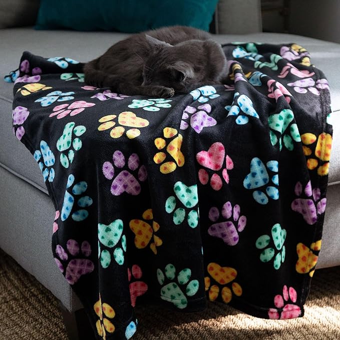 Pet Dog Cat Blanket Ultra Soft Cozy Fleece Paw Print Design Machine Washable Durable for Crates Beds Sofas Travel (Buffalo Paws, Large)