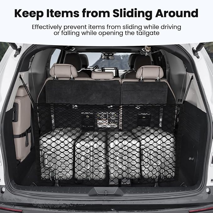 Trunk Cargo Net for Toyota Sienna 2021-2025 2026 Accessories Envelope Style Mesh Trunk Net Organizer and Storage Stretchable Adjustable Elastic Nylon Rear Cargo Netting with Hooks
