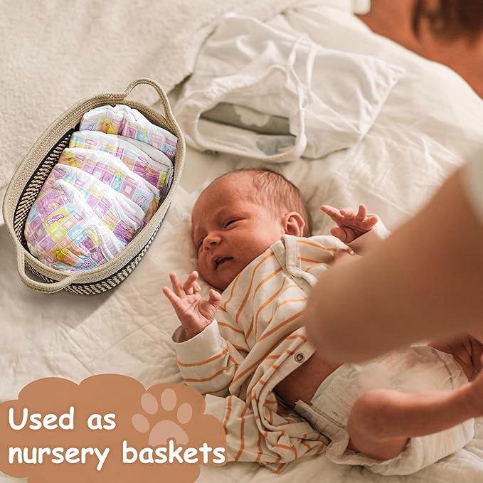 Small Woven Baskets for Organizing Rope Storage Basket with Handle Cute Cotton Nursery Gift Dog Toy Bins Organizer-Black&Beige