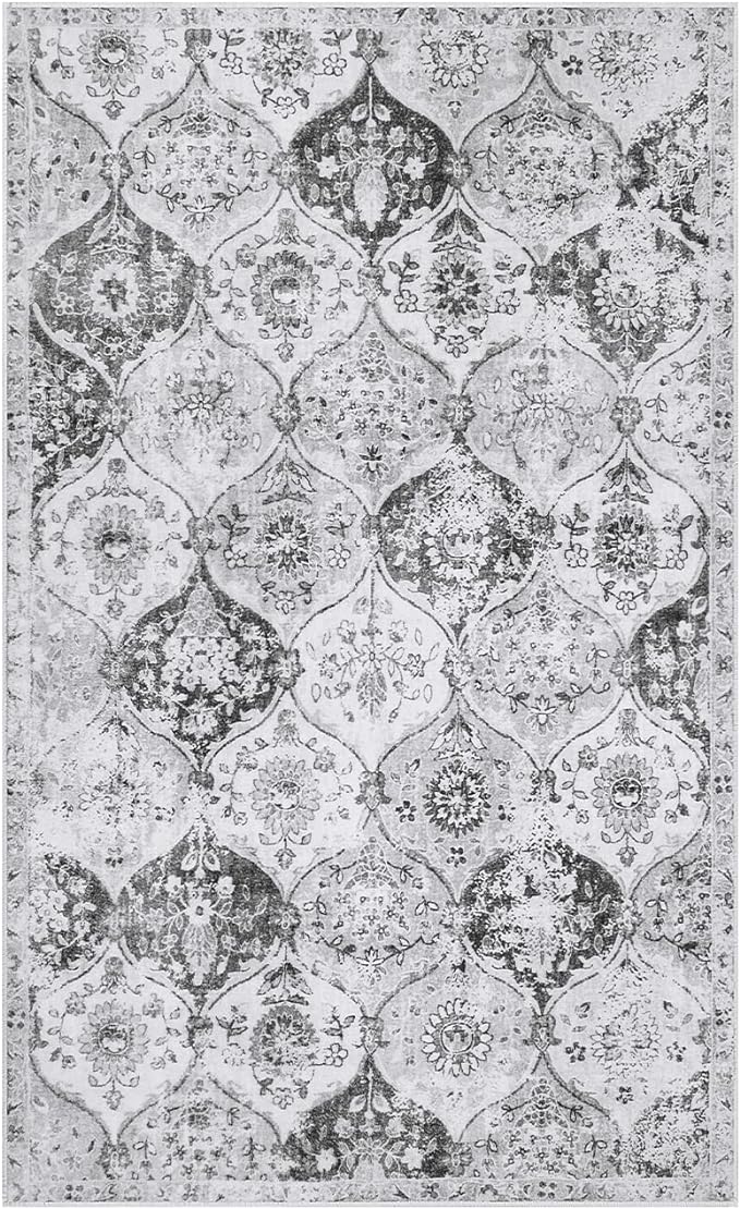 Lahome Moroccan Trellis Washable Small Area Rug, 3x5 Area Rug for Bedroom Living Room, Non-Slip Oriental Accent Throw Carpet for Kitchen Office Entryway Bathroom Office Elise, Silver/Grey