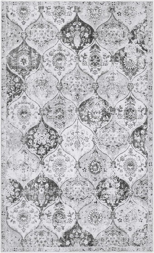 Lahome Moroccan Trellis Washable Small Area Rug, 3x5 Area Rug for Bedroom Living Room, Non-Slip Oriental Accent Throw Carpet for Kitchen Office Entryway Bathroom Office Elise, Silver/Grey