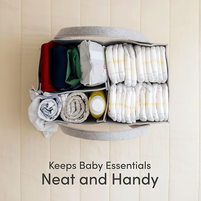 PUTSKA Baby Diaper Caddy Organizer - Nursery Storage Basket for Diaper Station, Baby Basket Shower Gift List and Registry Must-Have, Newborn Essentials, Nursery Decor for Boy or Girl - Grey, Large