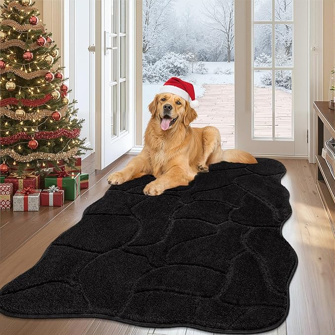 Large Dog Door Mat for Muddy Paws, 32x47 Absorbent Dirt Trapper Long Door Mat, Non-Slip Washable Mud Mat for Dogs, Polyester Microfiber Soft Pet Rug Mat for Entryway, Mud Dog Paws, Patio (Black)
