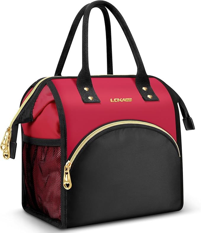 Lunch Bag Women Insulated Lunch Box Wide-Open Lunch Tote Bag Large Drinks Holder Durable Nylon Thermal Snacks Organizer for Men Adults Work Picnic Hiking Beach Fishing, Red + Black