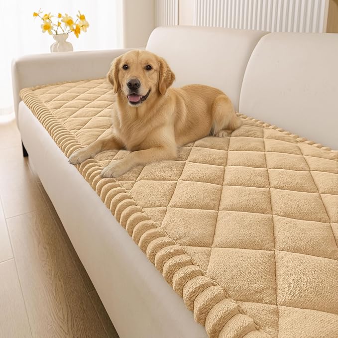 Smiry Fuzzy Couch Cover for Dogs, Non Slip Washable Pet Sofa Cover, Scratch Proof Hair Resistant Plush Sofa Slipcover, Pet Friendly Couch Cushion Protector for Cat, Camel, 27.6" x 70.9"