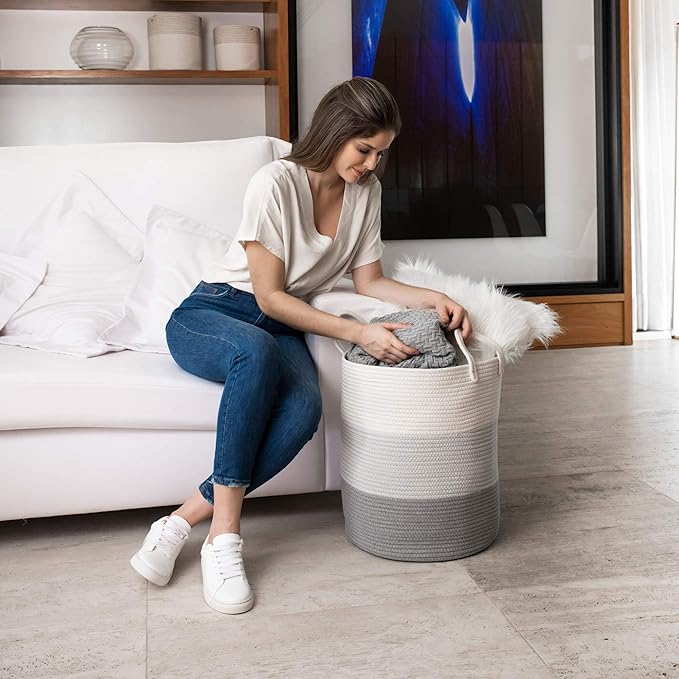 OrganiHaus Large Gray Woven Laundry Basket w/Handles 52L, Rope Dirty Clothes Hamper, Blanket Basket for Living Room, Baby Laundry Hamper for Nursery, Soft & Durable Decorative Organizer Bin