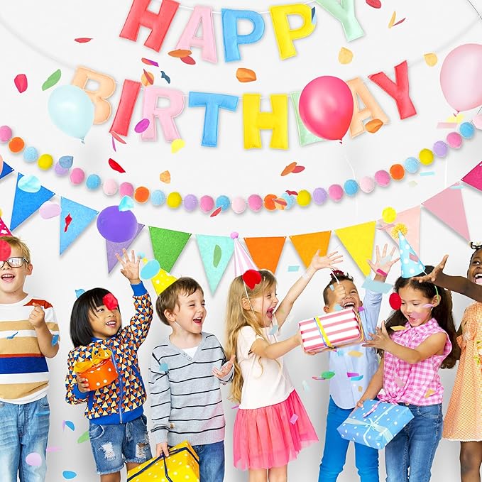 CANREVEL Pre-Strung 3D Happy Birthday Banner, 3 PCS Pastel Felt Garland, Pom Pom Garland, Triangle Fabric Bunting, Reusable Pastel Birthday Decorations for Women Girls