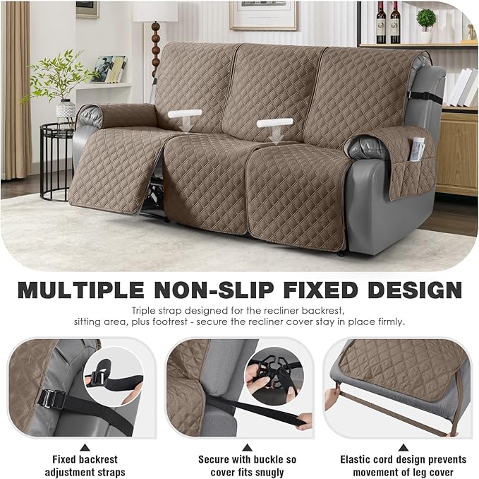 TAOCOCO 100% Waterproof Recliner Couch Covers, Recliner Sofa Covers with Leg Straps, 1-Piece Washable Reclining Sofa Cover with Pocket Couch Protector for Pets Kids(3 Seater, Taupe)