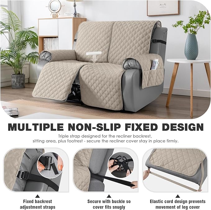 TAOCOCO 100% Waterproof Recliner Couch Covers, Recliner Sofa Covers with Leg Straps, 1-Piece Washable Reclining Sofa Cover with Pocket Couch Protector for Pets Kids(2 Seater, Apricot Pink)