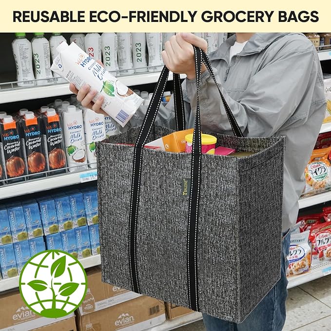 BALEINE 4 PK Grocery Bags Reusable Shopping Bags with Reinforced Bottom, Heavy Duty Foldable Tote Bags (Grey)