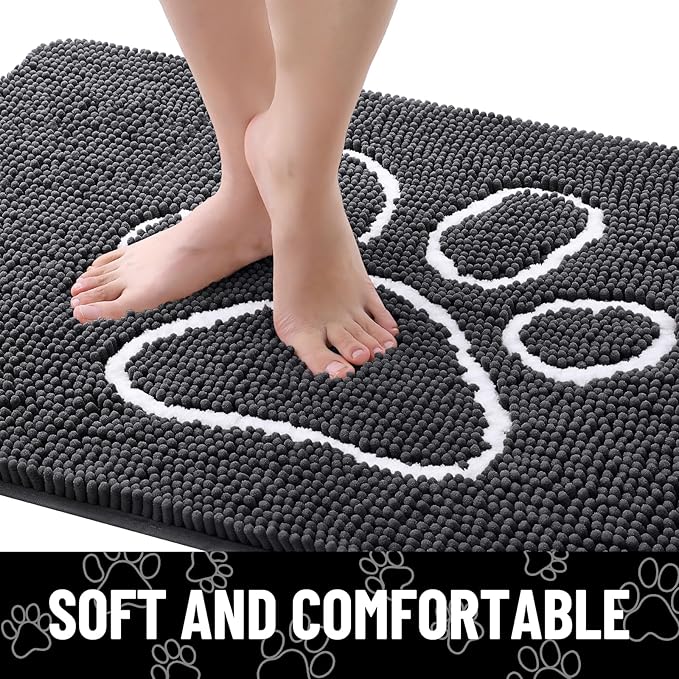 Smiry Dog Door Mat for Muddy Paws, Absorbent Dirt Trapper Non Slip Quick Dry Washable Chenille Mat for Mud Dogs, Entry Rug for Indoor and Outdoor (59x24 Inches, Dark Grey and White)