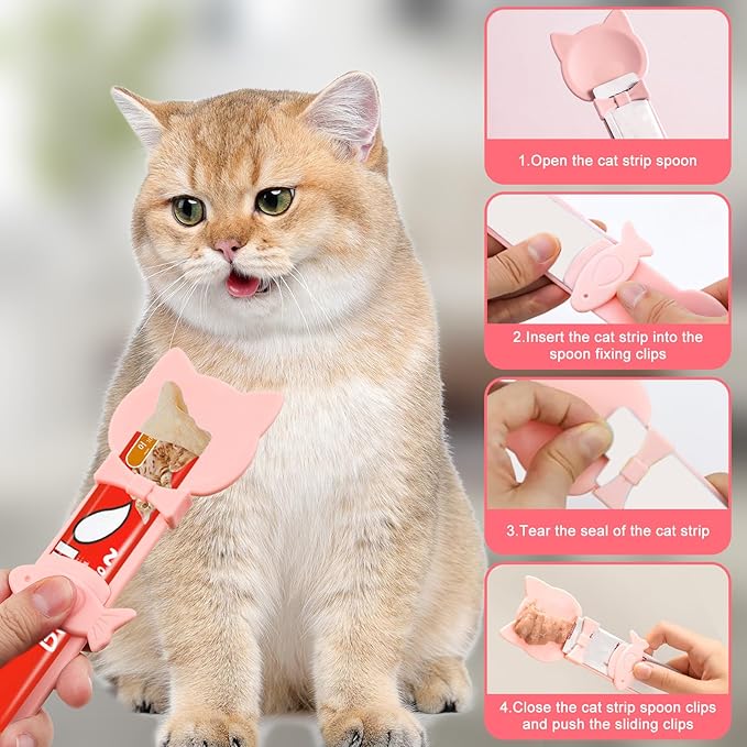 4 Pcs Cat Food Lid and Spoon Set, Silicone Pet Food Can Covers with Multi-Function Spoon Opener, Stainless Steel Wet Food Spoon & Cat Bar Squeezer for Pet Cat Dog Feeding Wet Foods Storage Organizer