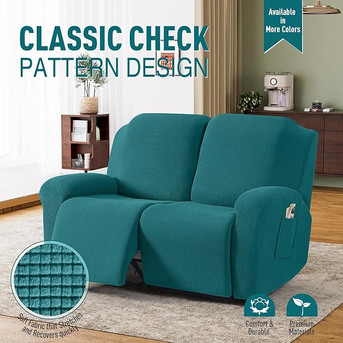TAOCOCO Recliner Loveseat Slipcover, 6 Pieces Dual Recliner Sofa Covers for 2 Seat Dual Reclining Loveseat Couch, Stretch Soft Jacquard Pattern Furniture Protector with Elasticity (Peacock Blue)