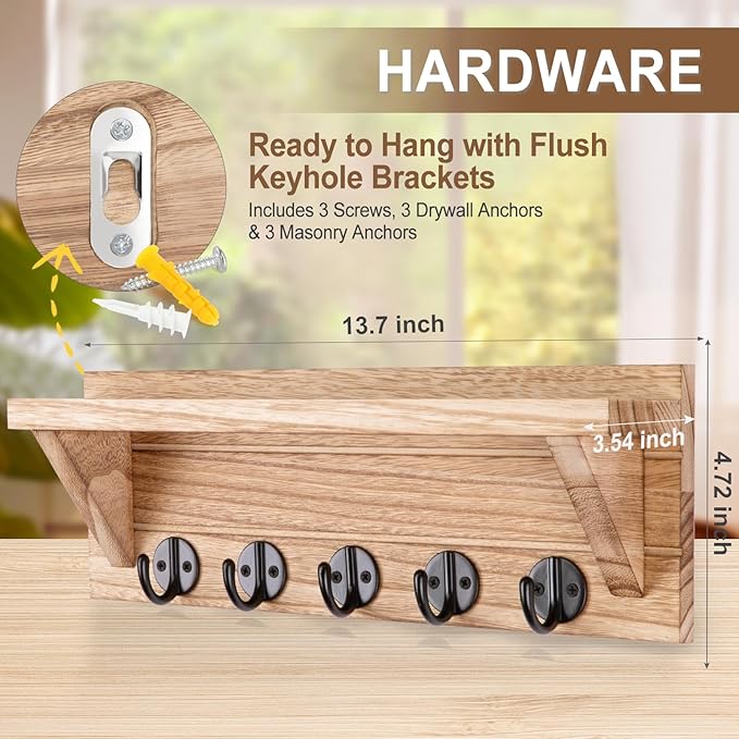 Wall Key Holder, Rustic Shelf with Hooks Made of Paulownia Wood Holds Keys, Dog Leash, Bags and More - 13.7" W x 4.7" H x 3.5" D Decorative Key Hanger and Entryway Shelf