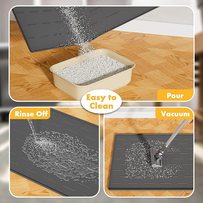 Pieviev Silicone Cat Litter Trapping Mat, 40''x28'' Extra Large Cat Litter Mat, Easy to Clean & Soft on Kitty Paws, Waterproof Kitty Litter Pads for Indoor Cats, Dark Gray