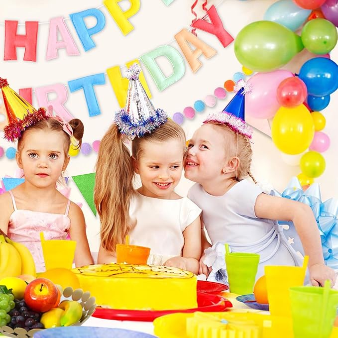 CANREVEL Pre-Strung 3D Happy Birthday Banner, 3 PCS Pastel Felt Garland, Pom Pom Garland, Triangle Fabric Bunting, Reusable Pastel Birthday Decorations for Women Girls