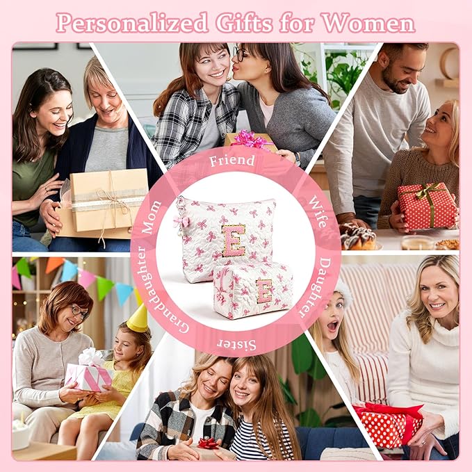 Initial Makeup Bag, Christmas Gifts for Women Teens Girls Birthday Gift Personalized Bow Cosmetic Bag, Quilted Cosmetic Travel Toiletry Pouch, Cute Makeup Organizer Teen Girl Gifts Trendy Stuff, L