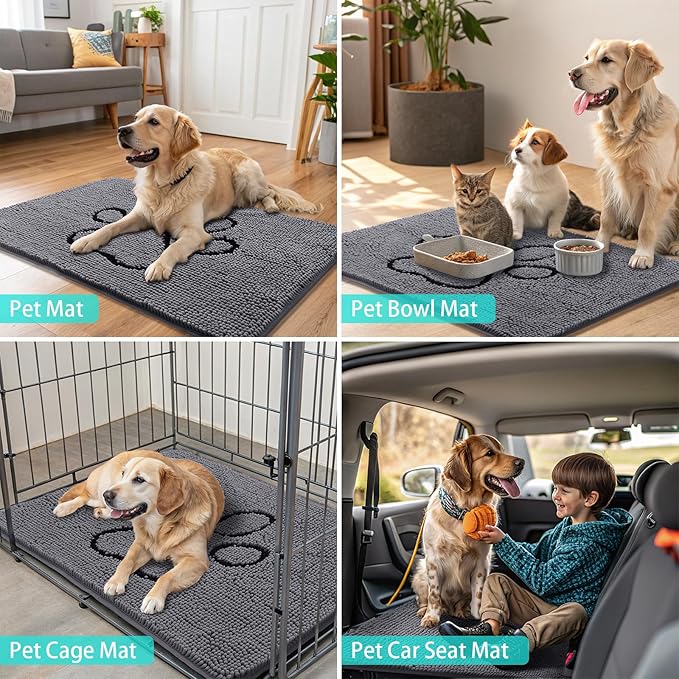 Smiry Dog Door Mat for Muddy Paws, Absorbent Dirt Trapper Non Slip Quick Dry Washable Chenille Mat for Mud Dogs, Entry Rug for Indoor and Outdoor (47x24 Inches, Dark Grey and Black)