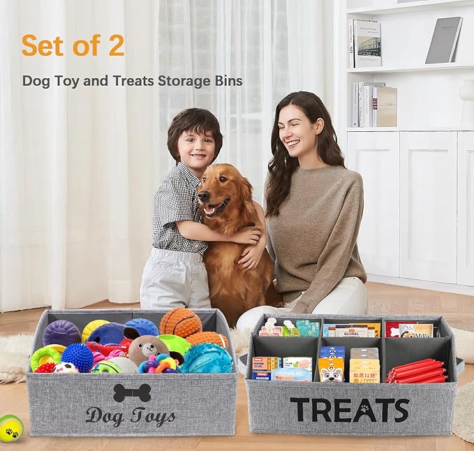 Brabtod 2pack Dog Storage Organizer,Trapezoid Dog Toy Basket,Dog Treat Container with handle,Collapsible Fabric Storage Box for Dog Toys and Dog Treats,Dog Treat Station with removable dividers-Grey