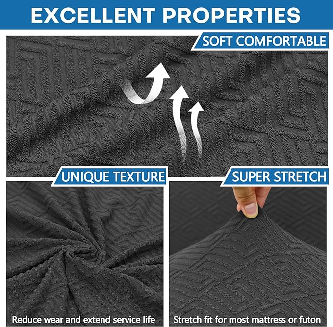 ZNSAYOTX Stretch Fit Futon Cover (67"-82") Armless Futon Sofa Bed Slipcover with Elastic Band, Universal Foldable Sofa Mattress Protector Full Queen Size, Washable Comfort Jacquard (Black)