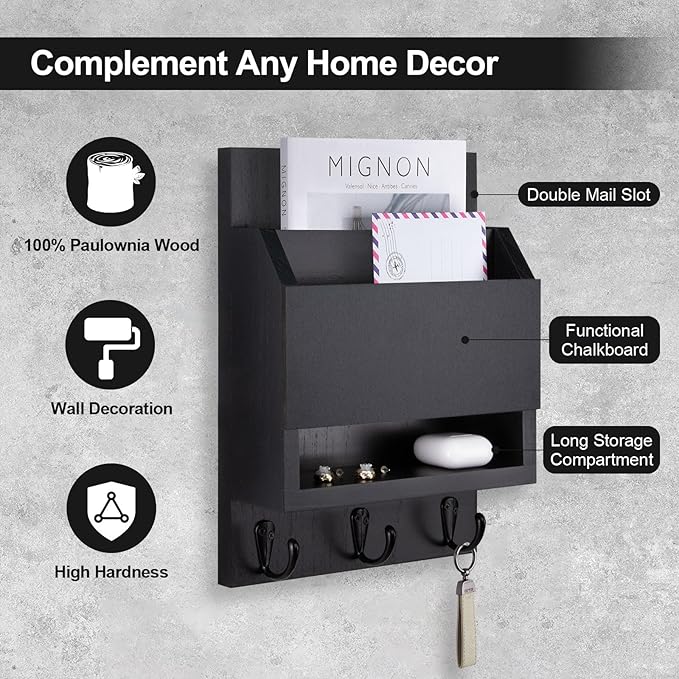 Key and Mail Holder for Wall, Key Holder with Chalkboard and Long Storage Box, Key Hanger with 3 Sturdy Hooks for Coat, Dog Leash, Entryway Mail Organizer (Black)