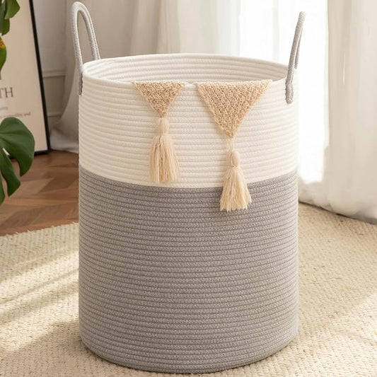 OIAHOMY Large Laundry Basket Hamper - 100L Cotton Rope Woven Basket for Blankets, Toys, Clothes - Tall Decorative Nursery Hamper with Long Handles, Grey/White