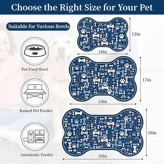 Dog & Cat Food Mat Bone Shaped Pet Feeding Mat Quick Absorb Water Bowl Placemat with Rubber Backing Indoor Floor Stain Resistant Pet Accessory Supplies (Blue, 17x29 Inches)