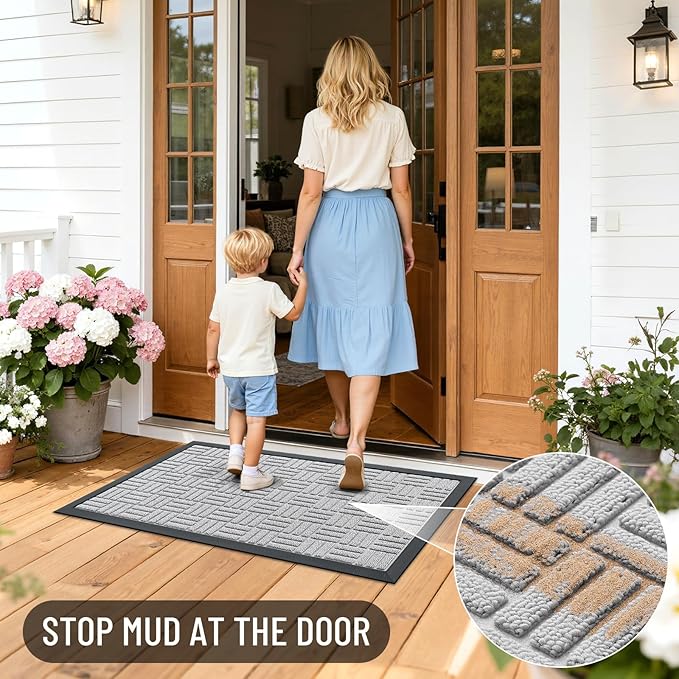 OLANLY Front Door Mat Outside Entrance 59x23, Absorbent, Heavy Duty Sturdy Natural Rubber Doormat Indoor Outdoor, Non-Slip, Stain and Fade Resistant, Low Profile Floor Mat for Entryway, Light Gray