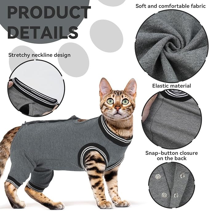 T'CHAQUE Cat Surgery Recovery Suit for Female Male, Cat Onesie Pet Surgical Pajamas Hind Legs Long Sleeve, Abdominal Wound Skin Diseases, E-Collar Alternative, Spay/Neuter Recovery Suit, Gray-S