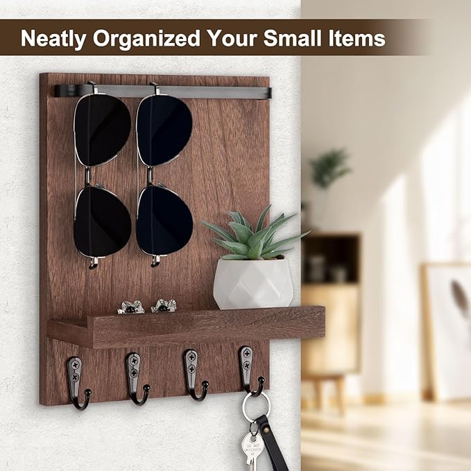 Lucundm Key Holder Wall Mount, Key Holder for Wall with 4 Hooks, Farmhouse Key Hanger Holds Dog Leash, Sunglasses, Decorative Mail Organizer Home Decor (Brown)