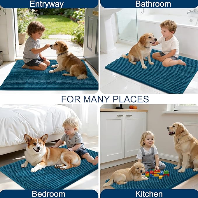 OLANLY Dog Door Mat for Muddy Paws 47x24, Ultra Absorbent Chenille Mud Doormat, Non-Slip Washable and Dirt Trapping Doormat for Indoor Entryway, Quick-Dry Indoor Pet Bed Mats for Dogs, Atlantic Blue