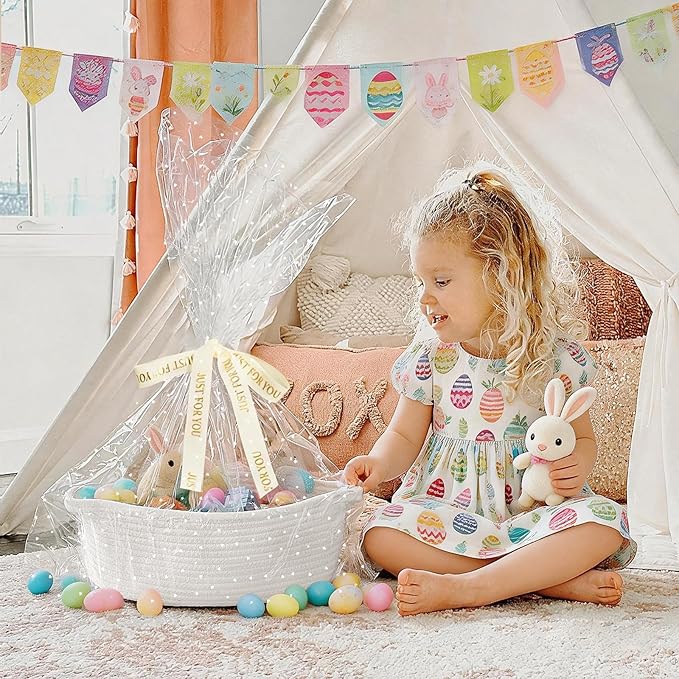 CHICVITA Small Basket for Gifts, Easter Basket for Kids, Empty Gift Baskets with Bags & Ribbons Rope Storage Baskets for Kids, 12"x 8"x 5"