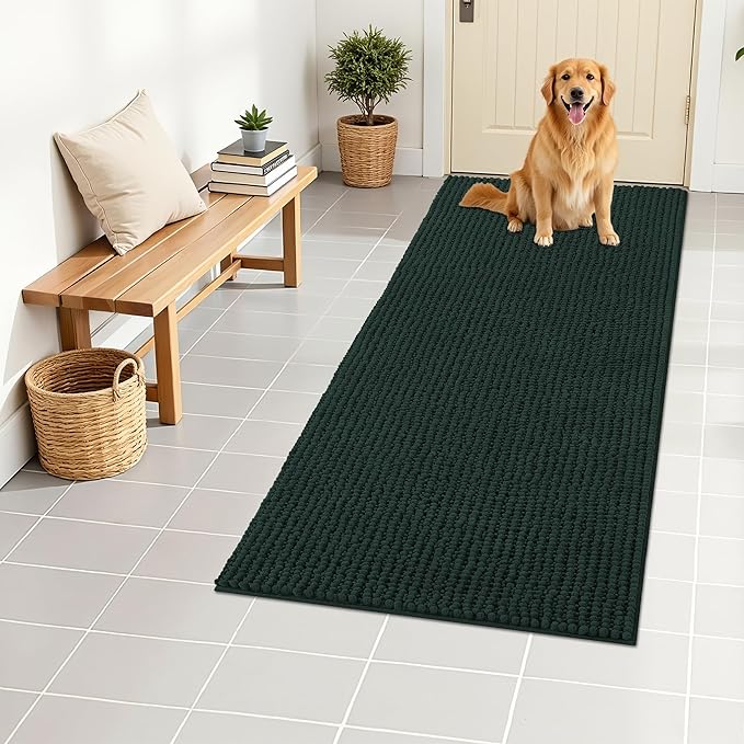 OLANLY Dog Door Mat for Muddy Paws 44x24, Ultra Absorbent Chenille Mud Doormat, Non-Slip Washable and Dirt Trapping Doormat for Indoor Entryway, Quick-Dry Indoor Pet Bed Mats for Dogs, Blackish Green