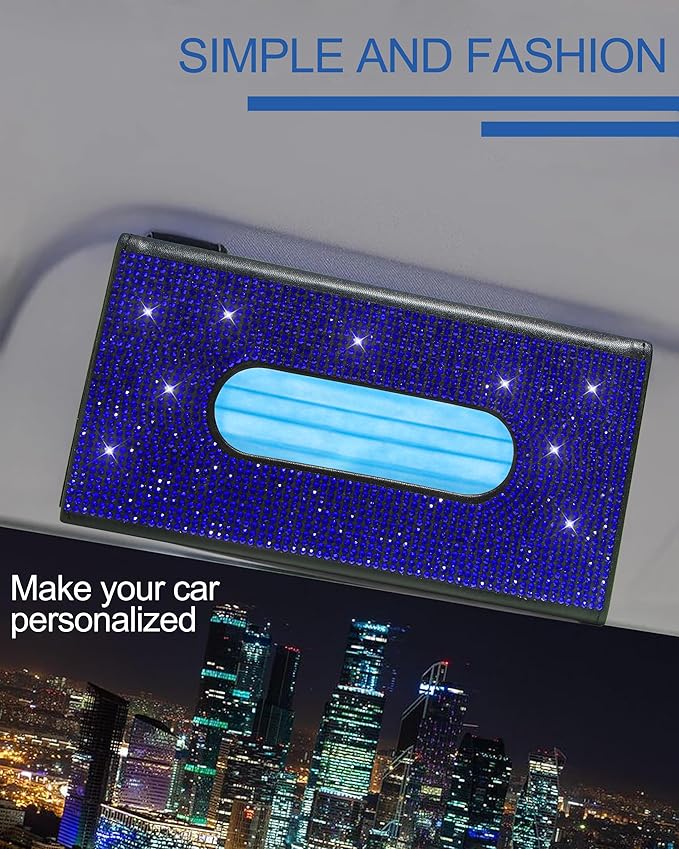 Bling Car Sun Visor Tissue Box Holder,PU Leather with Bling Crystal Rhinestones Tissue Holder,Car Accessories for Women (Blue)