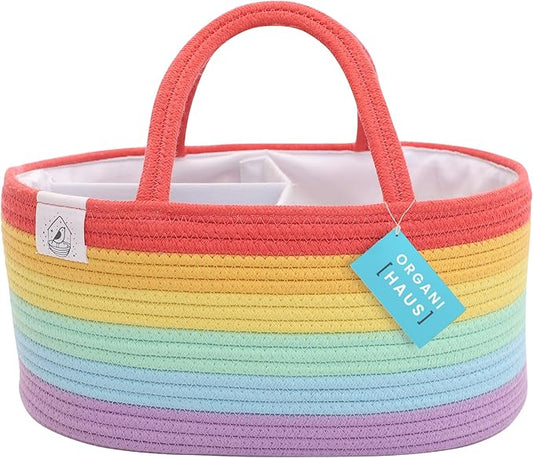 OrganiHaus Rainbow Nursery Storage Basket, Cotton Rope Toy & Diaper Caddy Organizer with Handles, Baby Diaper Organizer, Foldable Design, Machine Washable, Ideal for Baby Room & Laundry