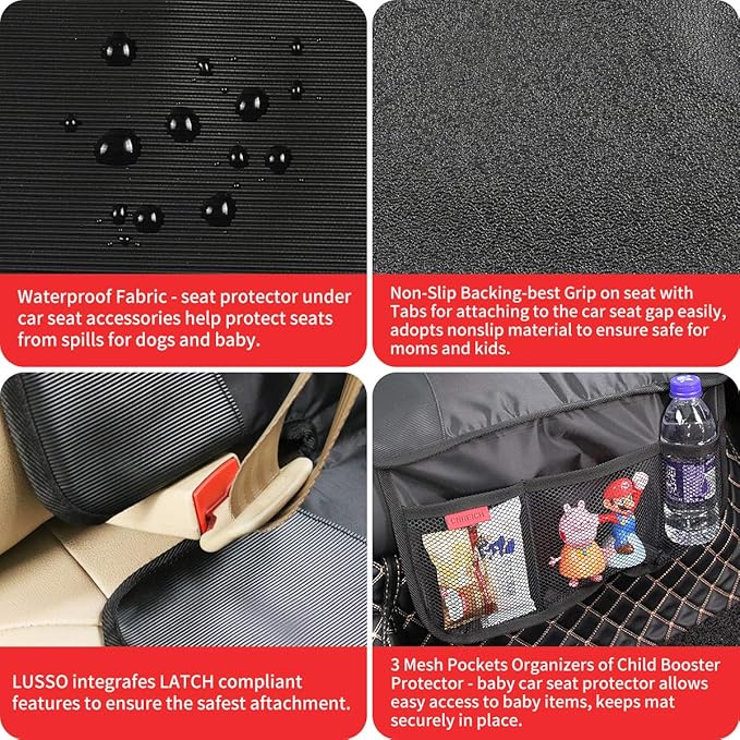 Kaiphy Car Seat Protector - Seat Protection Mat - Thick Padding - Durable, Waterproof Fabric, Leather Reinforced Corners & 3 Pockets for Handy Storage (2 Pack) Black