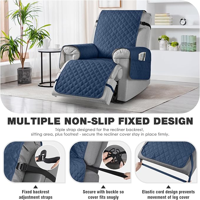 TAOCOCO 100% Waterproof Recliner Chair Cover Non-Slip Reclining Cover for Recliner Chair Washable Chair Seat Cover with Elastic Straps for Pets Sofa Slipcover with Pocket (Small 23'', Ocean Blue)