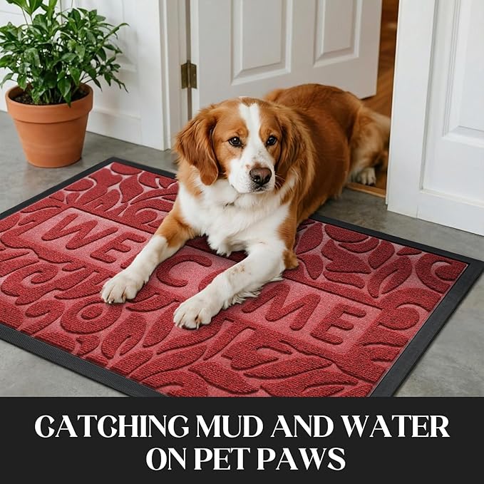 Yimobra Welcome Mat Outdoor 29.5x17, Waterproof Non-Slip Outdoor Mats for Front Door Outside Entrance, Low-Profile Entryway Mat Indoor for Garage Patio, Wine Red