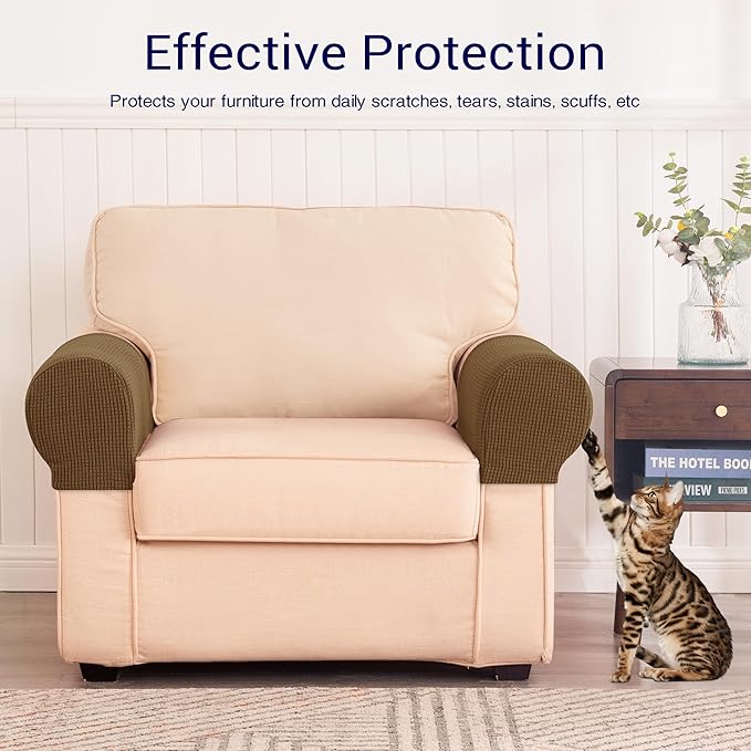 SUBRTEX Stretch Couch Arm Covers Set of 2, Checkered Sofa Arm Slipcovers, Anti-Slip Armrest Covers for Recliner and Armchairs, Pet Proof, High Stretchy, Hook & Loop Tape, Coffee