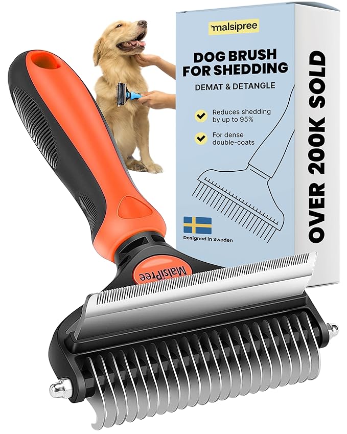 MalsiPree Dog Brush - Large, Orange - 2-in-1 Deshedding Tool & Undercoat Rake, Dog Undercoat Brush - Gentle Dematting Comb & Pet Hair Removal Tool - Smooth-Edge Design & Grooming Comb