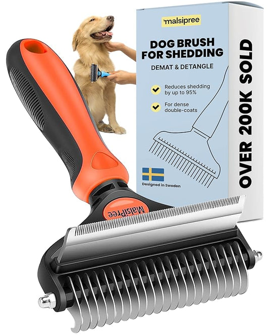 MalsiPree Dog Brush - Large, Orange - 2-in-1 Deshedding Tool & Undercoat Rake, Dog Undercoat Brush - Gentle Dematting Comb & Pet Hair Removal Tool - Smooth-Edge Design & Grooming Comb