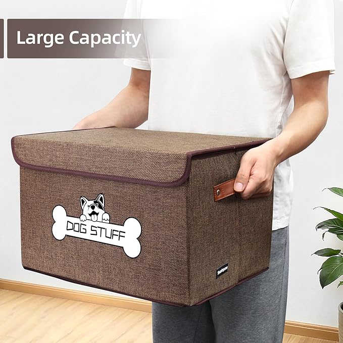 Thankspaw Fabric Dog Toy Box with Lid, Collapsible Storage Bin, Basket Organizer with Handle for Dog Toys, Blankets and Accessories, Coffee