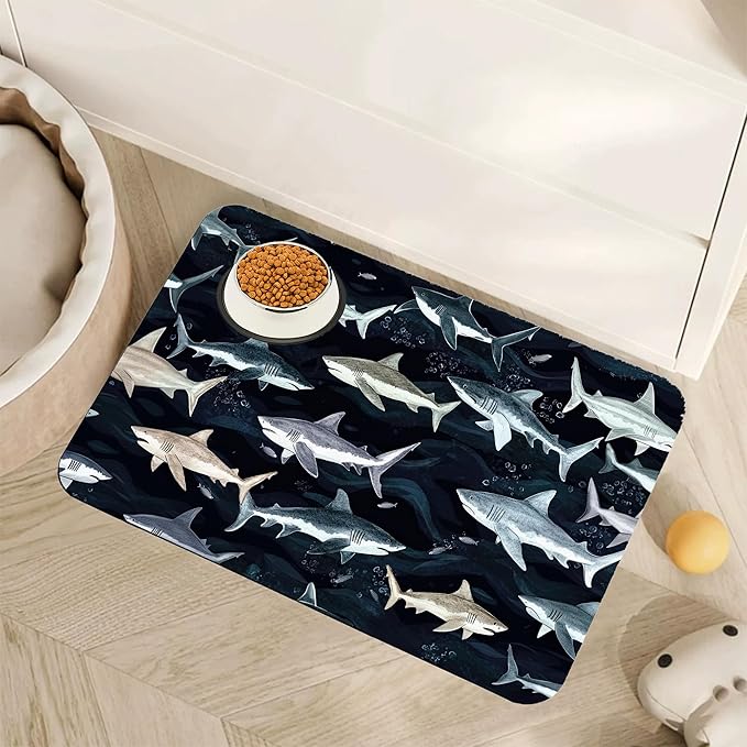 Cute Shark Dog Cat Food Mat,Absorbent Pet Feeding Mat with Rubber Backing,Non-Slip Water Bowl Placemat,Indoor Pet Accessories Supplies 12"x20"