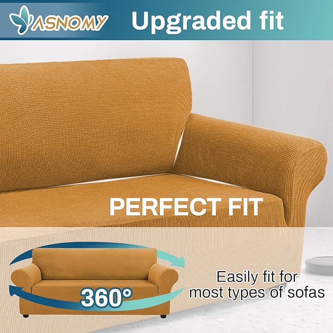 Asnomy Couch Covers for 3 Cushion Couch Stretch Sofa Covers Slipcovers, Pet Protector Furniture Covers for Dogs Cats Spandex Jacquard Fabric Small Checks （X-Large， Golden）