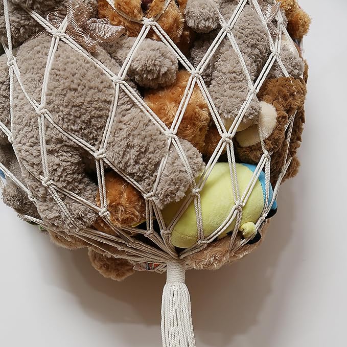 Stuffed Animal Net or Hammock Wall Hanging Net Over Door Organizer for Stuffies Plush Toy Storage Boho Macrame Toy Display Nursery Bedroom Decor Stuffy Animal Toy Organizer (Cream)