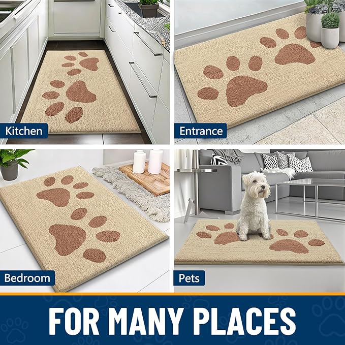 Smiry Dog Door Mat for Muddy Paws, Absorbs Moisture and Dirt, Low-Profile Entryway Mat with Non-Slip Backing, Entry Indoor Outdoor Doormat for Inside Floor (30x20 Inches, Light Beige, Paw)