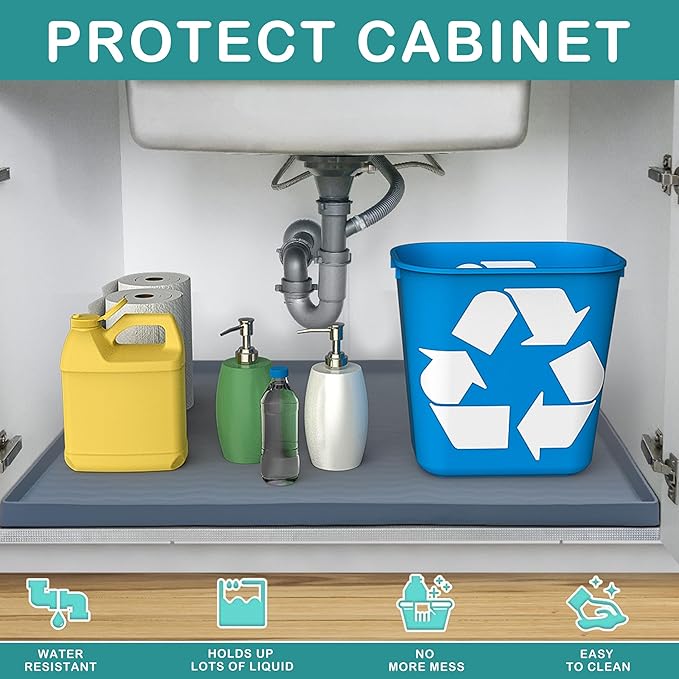 URMONA Waterproof Silicone Under Sink Mat 25'' x 19'' Shelf Liner for Kitchen and Bathroom, Cabinet and Counter Protector, Storage and Organizers, Litter Mat, Pet Cat Puppy Essentials(Green)
