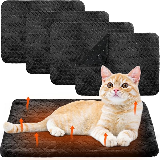 Drydiet 4 Pack Self Heating Cat Pad 16 x 20 Inch Self Warming Cat Bed Non Slip Warm Dog Pad Mat Washable Pet Kennel Crate Bed Mat for Indoor Outdoor Pets(Black,16 x 20 Inch)